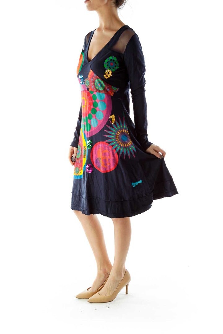 Navy Sequin Detail Long Sleeve Dress