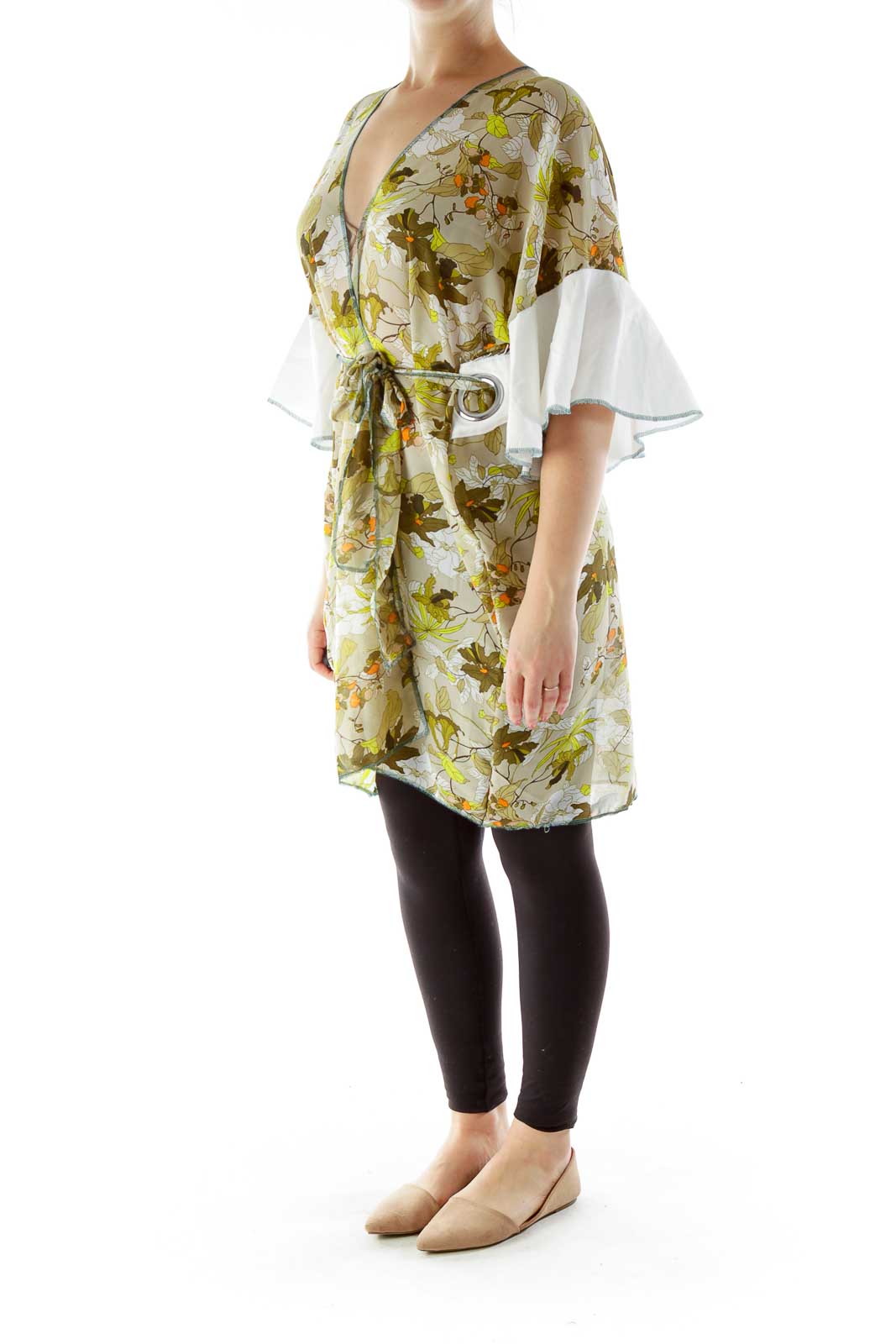 Green White Flower Print Kimono