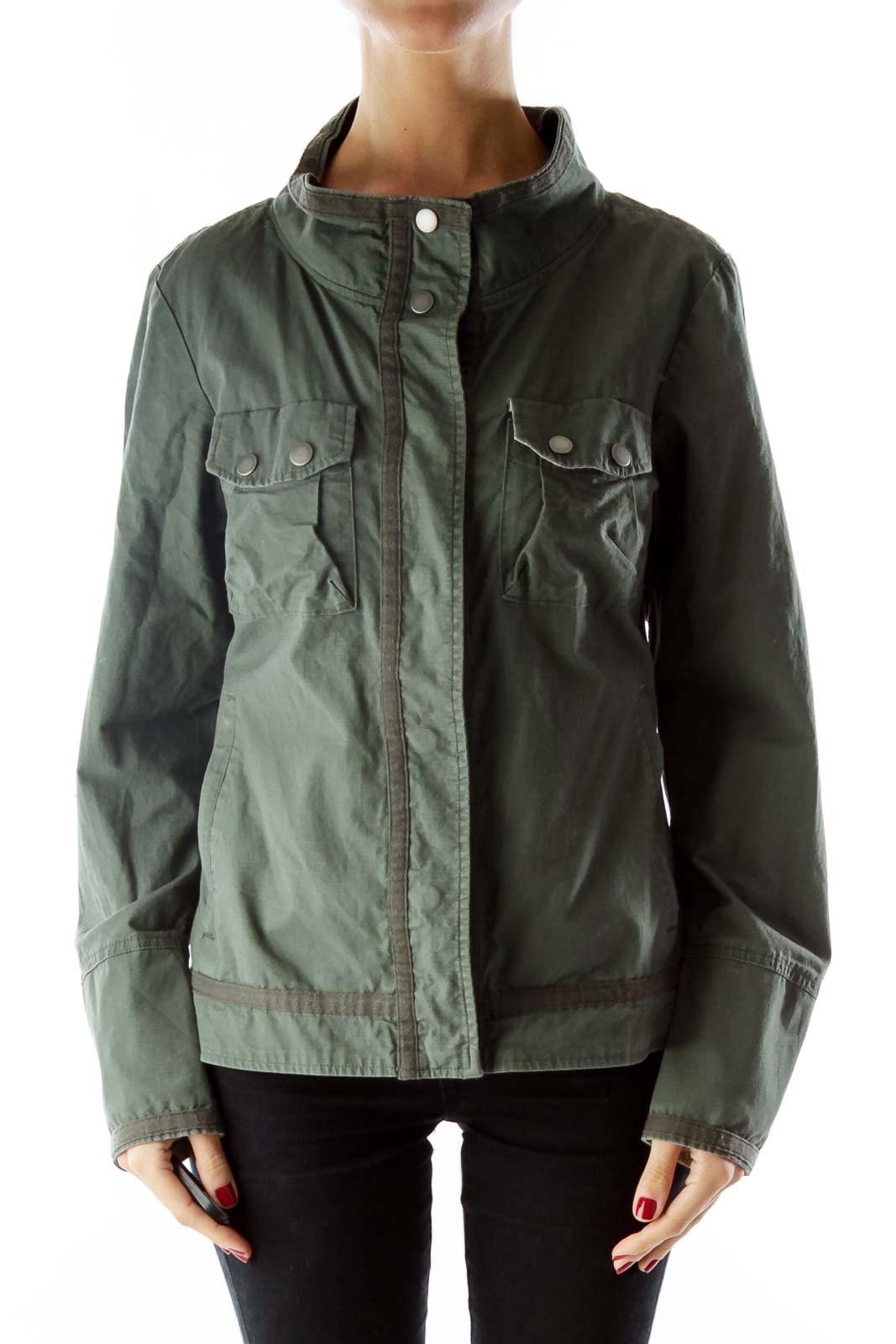 Green Pocketed Buttoned Fitted Jacket