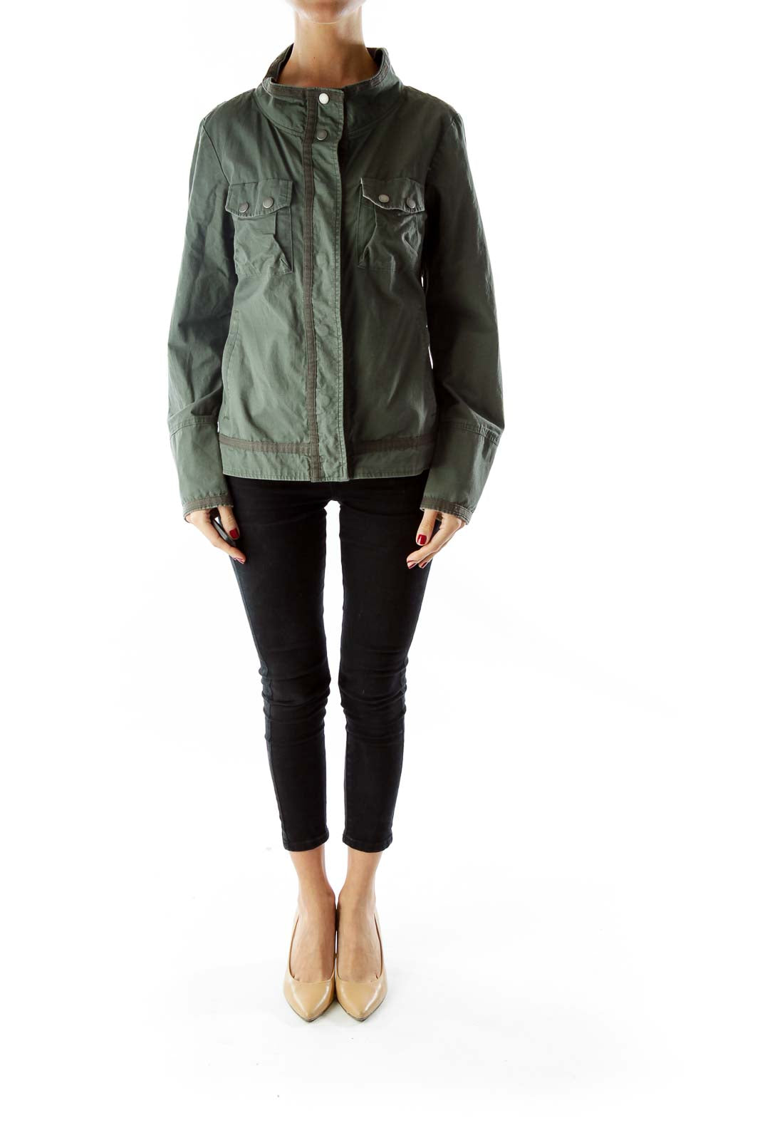 Green Pocketed Buttoned Fitted Jacket