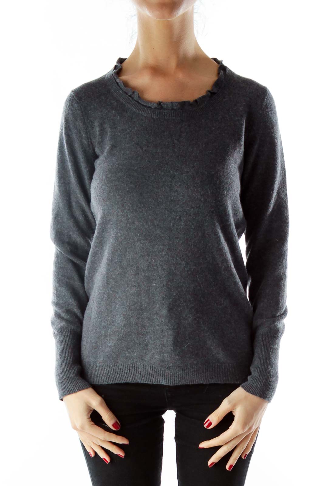 Gray Sweater with Ruffled Neckline