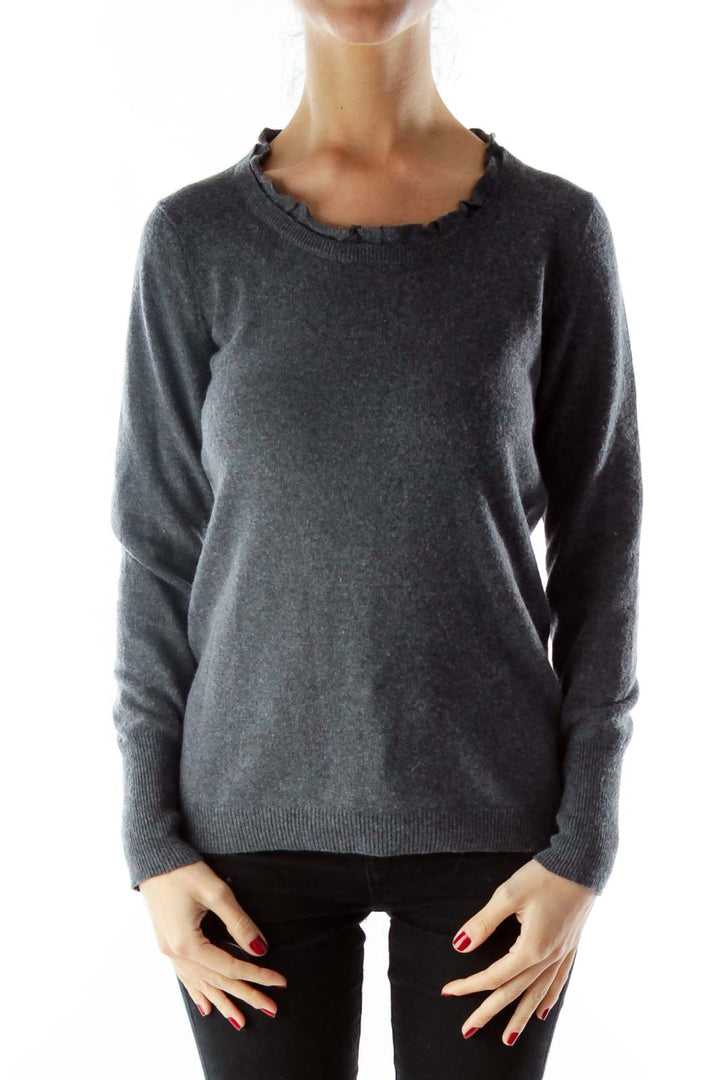 Gray Sweater with Ruffled Neckline