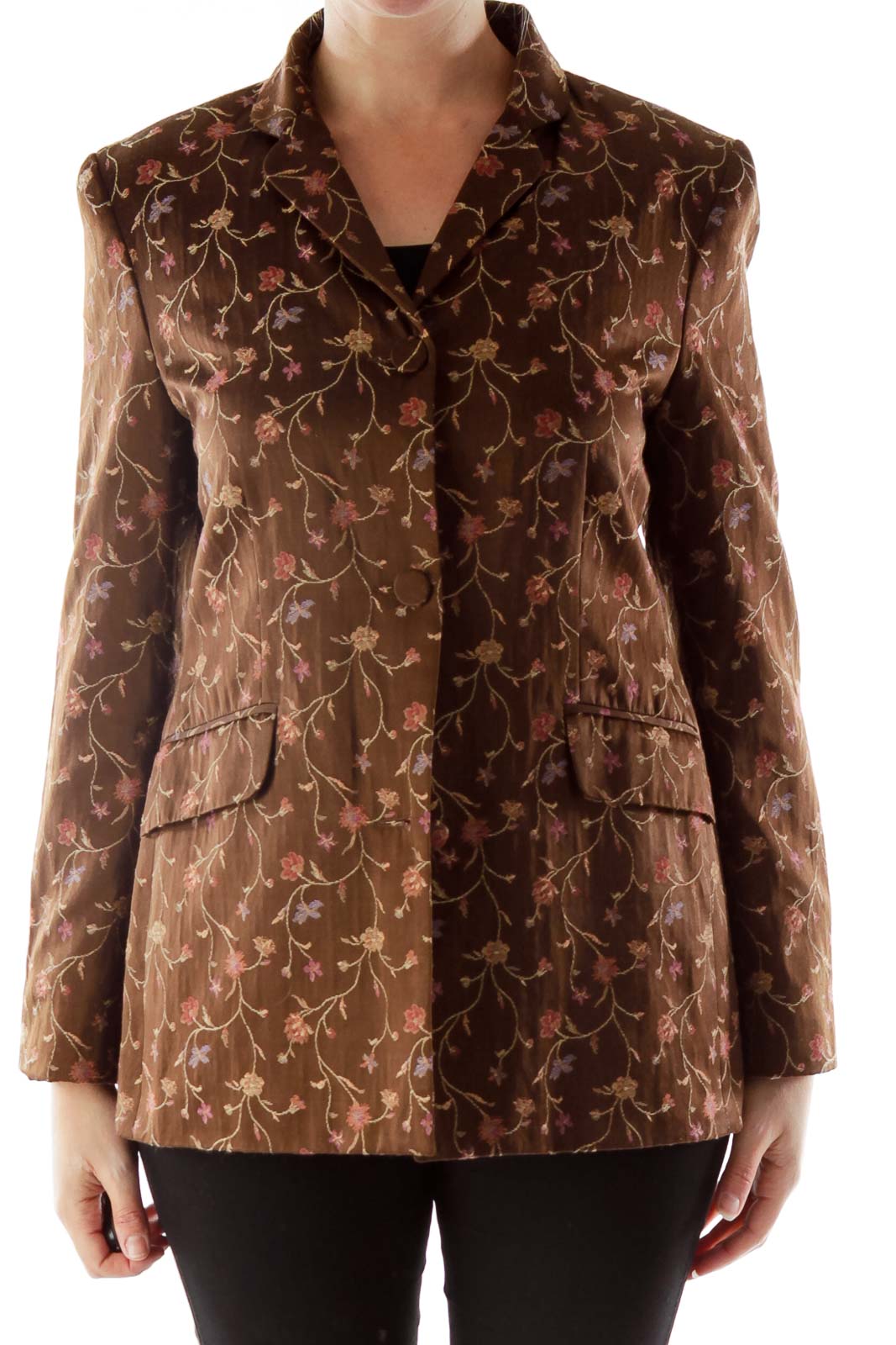 Brown Pink Flower Print Blazer