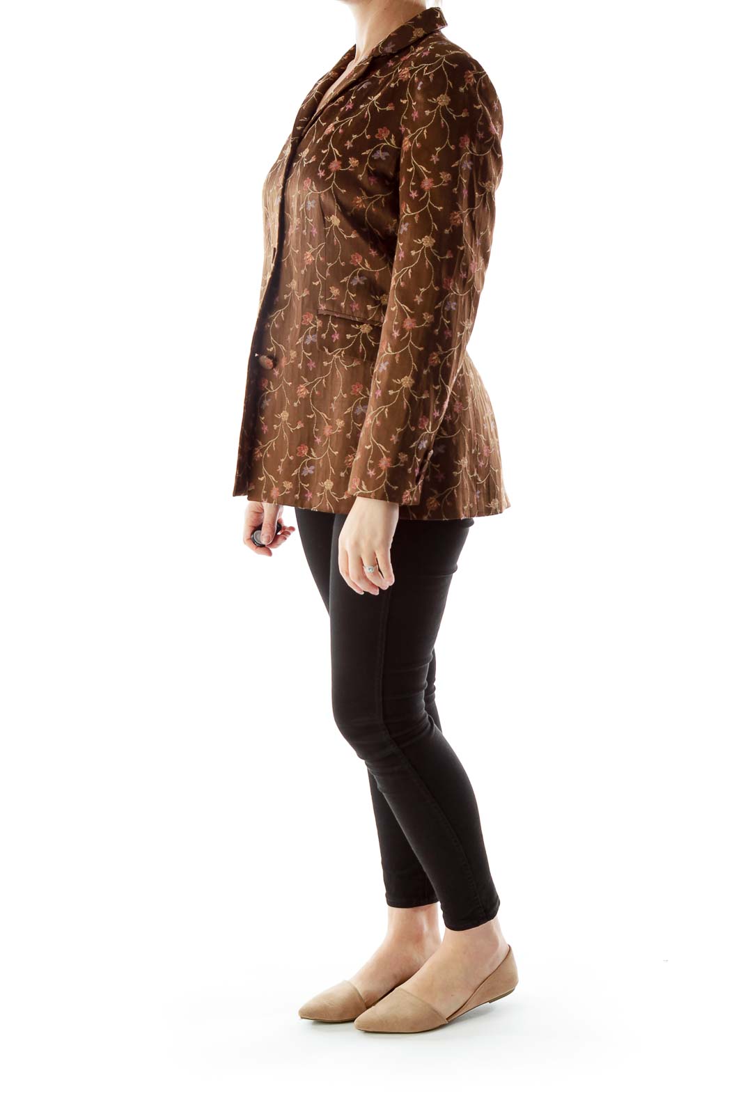 Brown Pink Flower Print Blazer