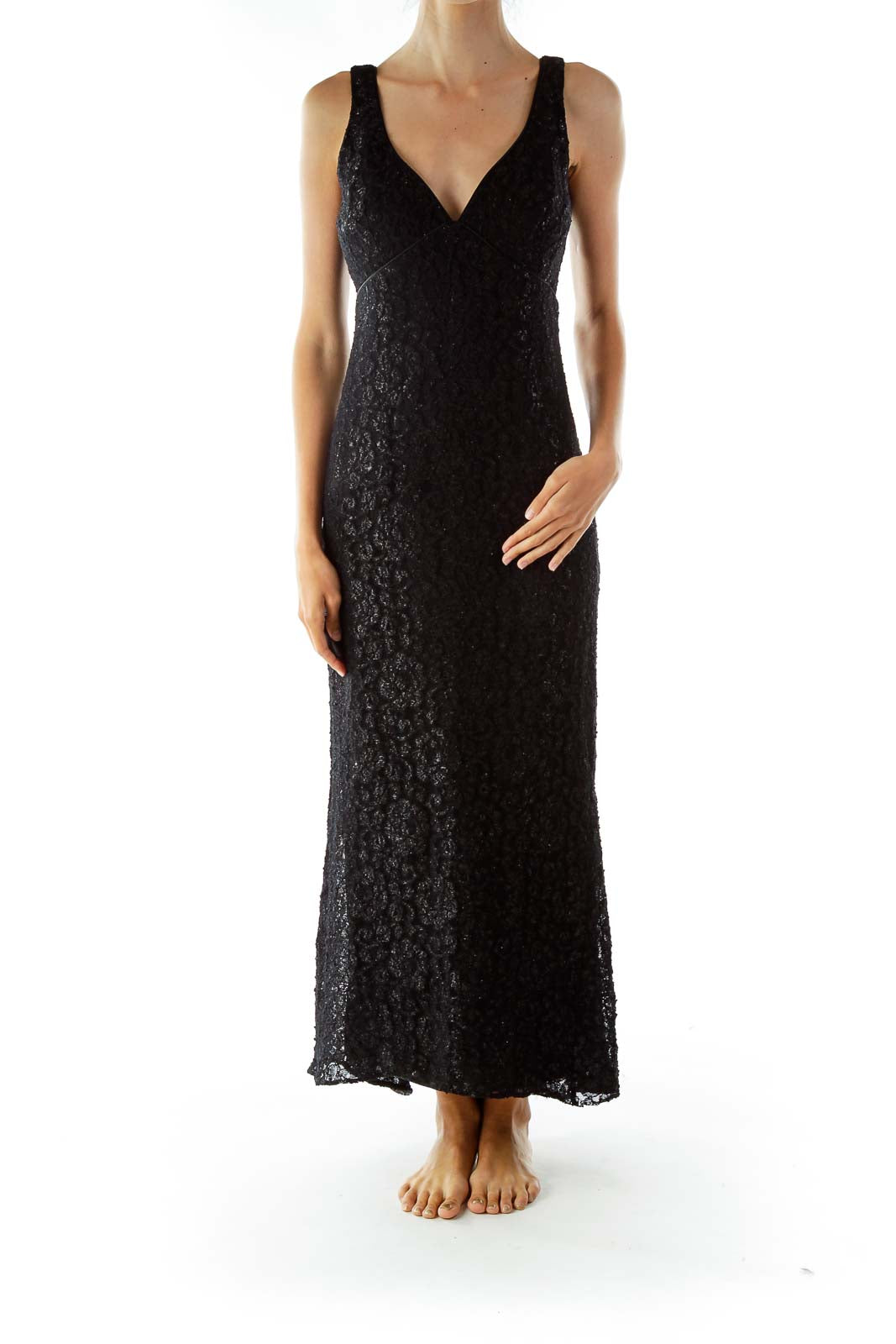 Black Lace Shimmer V-neck Sleeveless Evening Dress