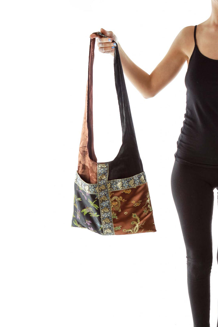 Brown Black Embroidered Shimmer Shoulder Bag