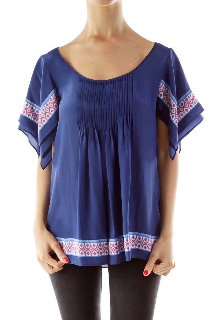 Blue Round Neck Print Silk Blouse
