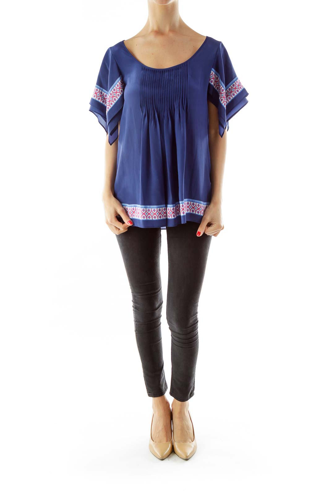 Blue Round Neck Print Silk Blouse