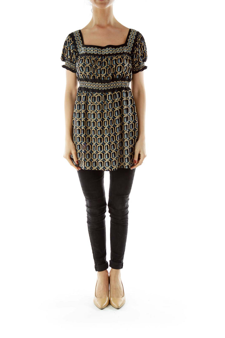 Black Blue Gold Geometric Print Blouse