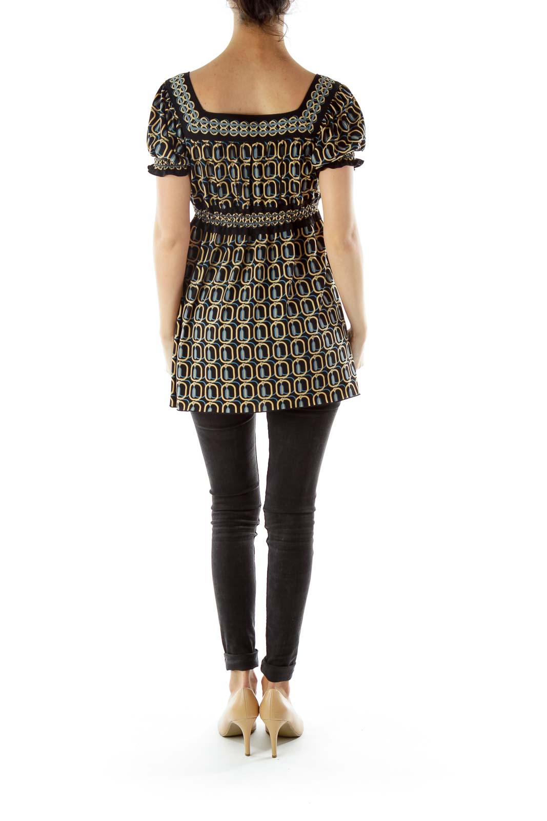 Black Blue Gold Geometric Print Blouse