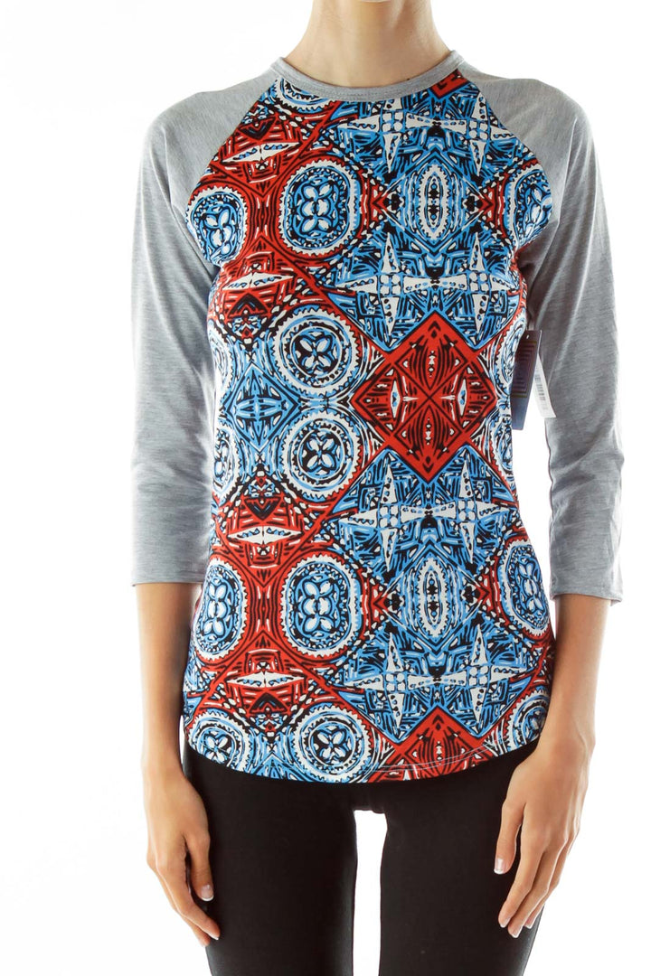 Blue White Red Geometric Print Baseball Shirt