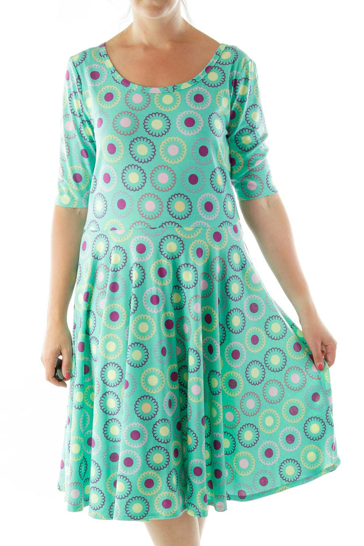 Green Blue Flower Print Day Dress