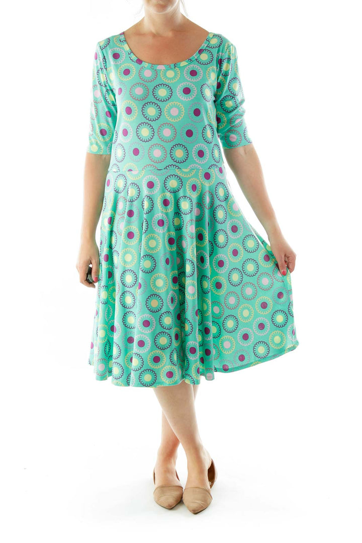 Green Blue Flower Print Day Dress