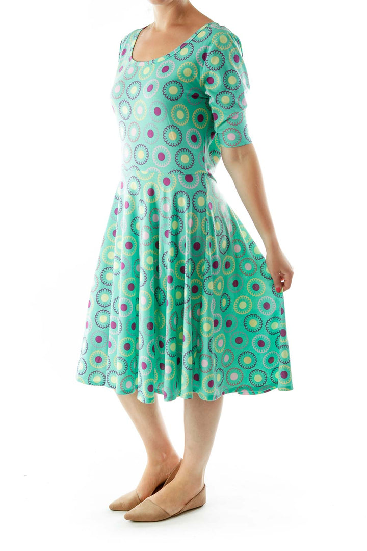 Green Blue Flower Print Day Dress