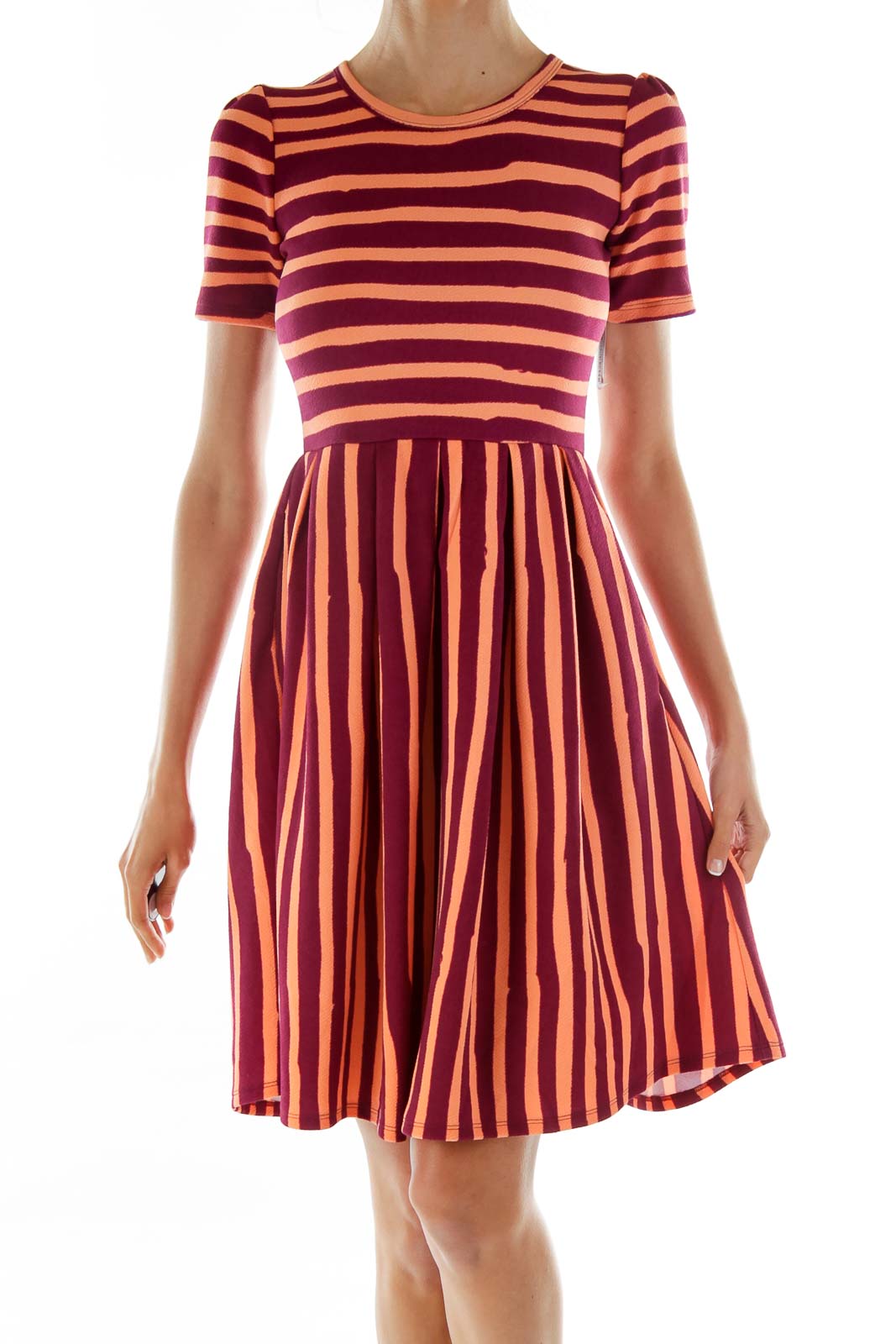 Maroon Orange Striped Day Dress