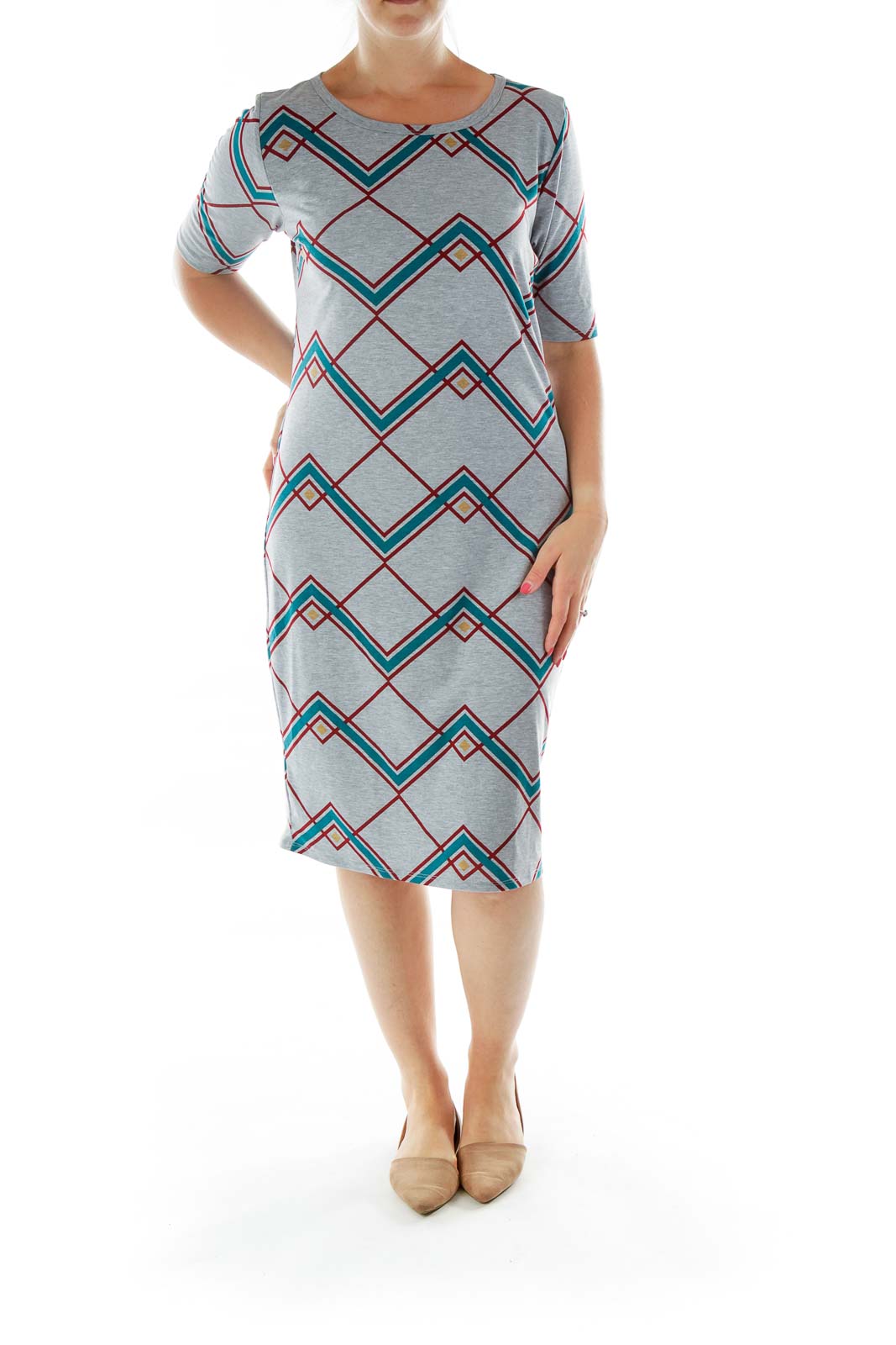 Gray Jersey-Knit Geometric Dress