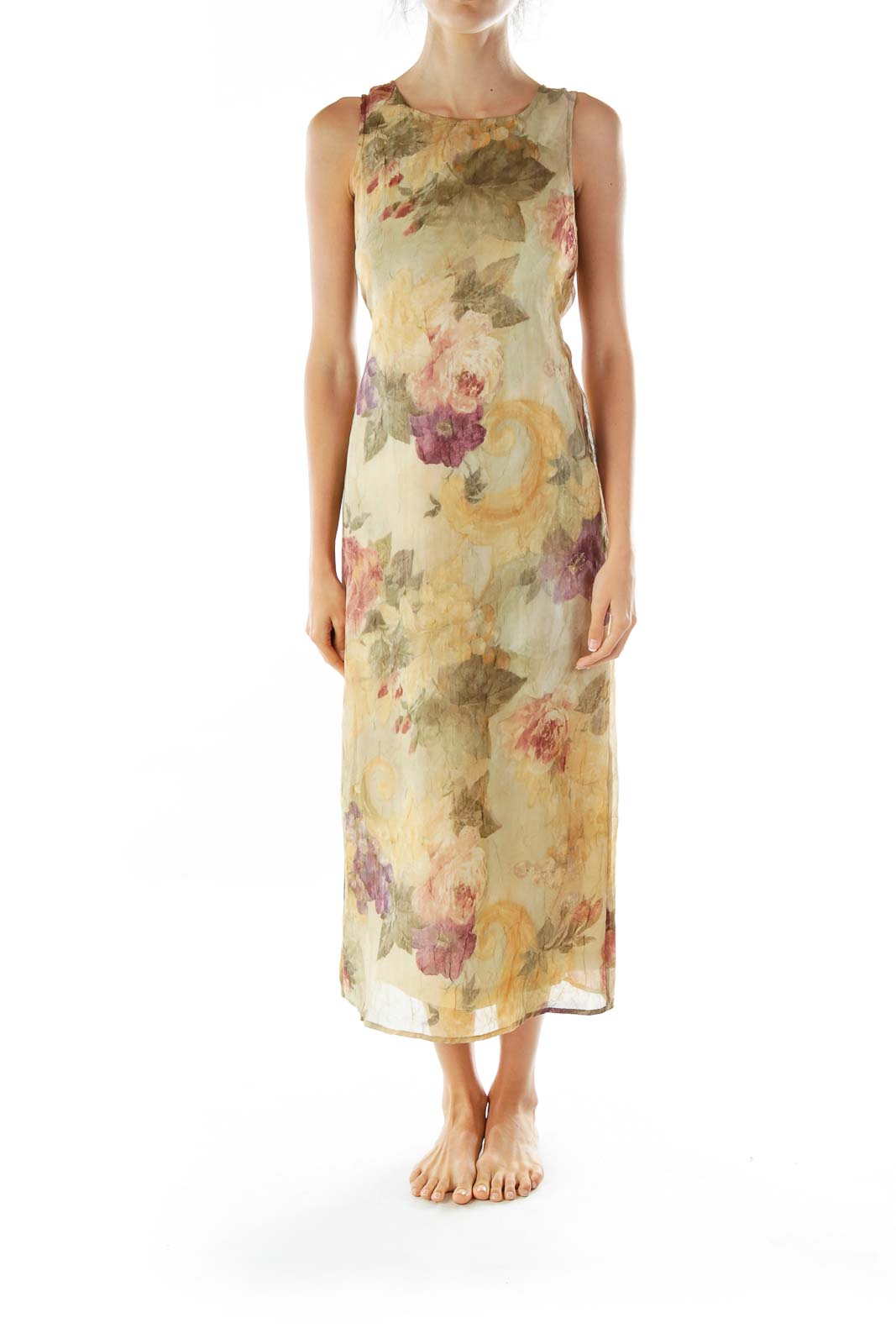 Green Printed Sleeveless Day Dress