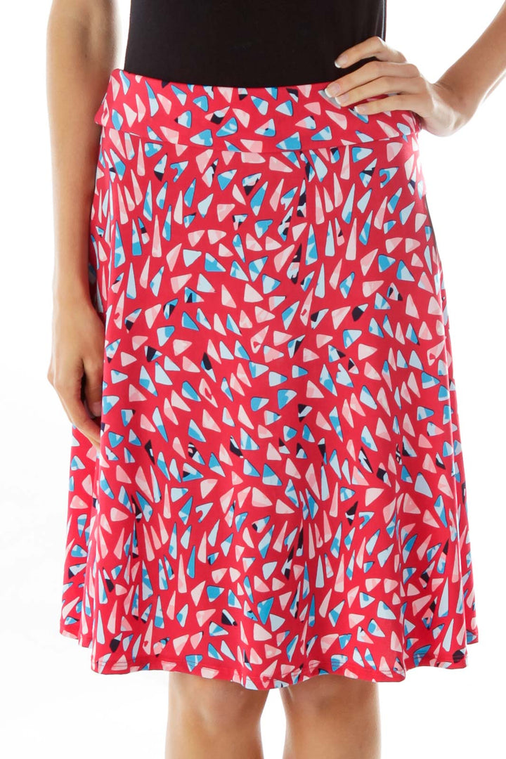 Pink Blue Print Flared Skirt