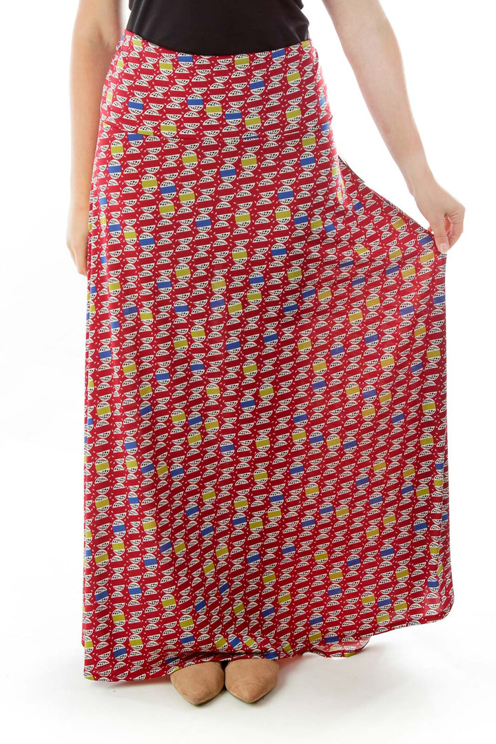 Red Blue Print Maxi Skirt