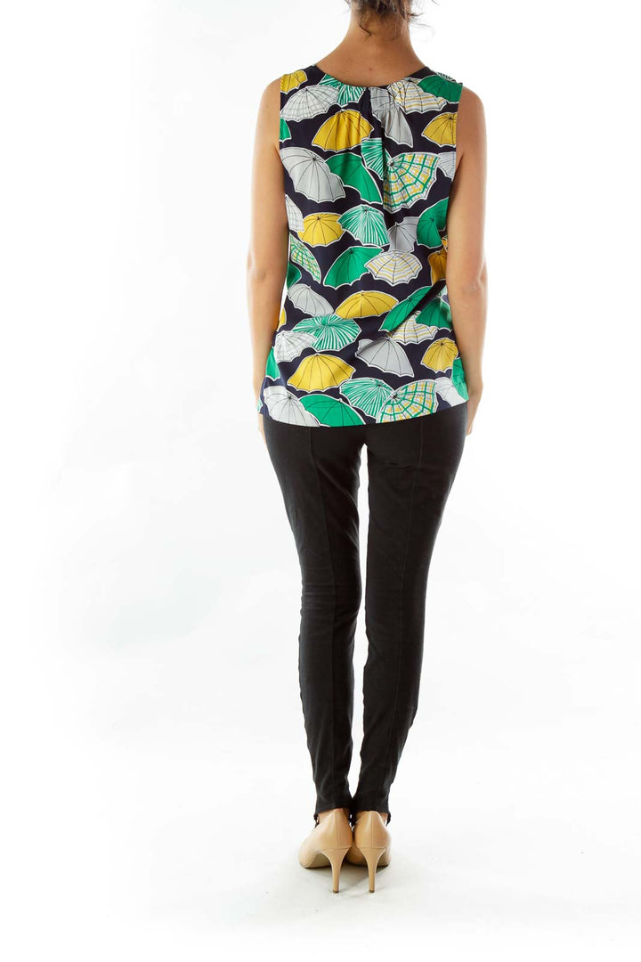 Navy Yellow Green Umbrella Print Top
