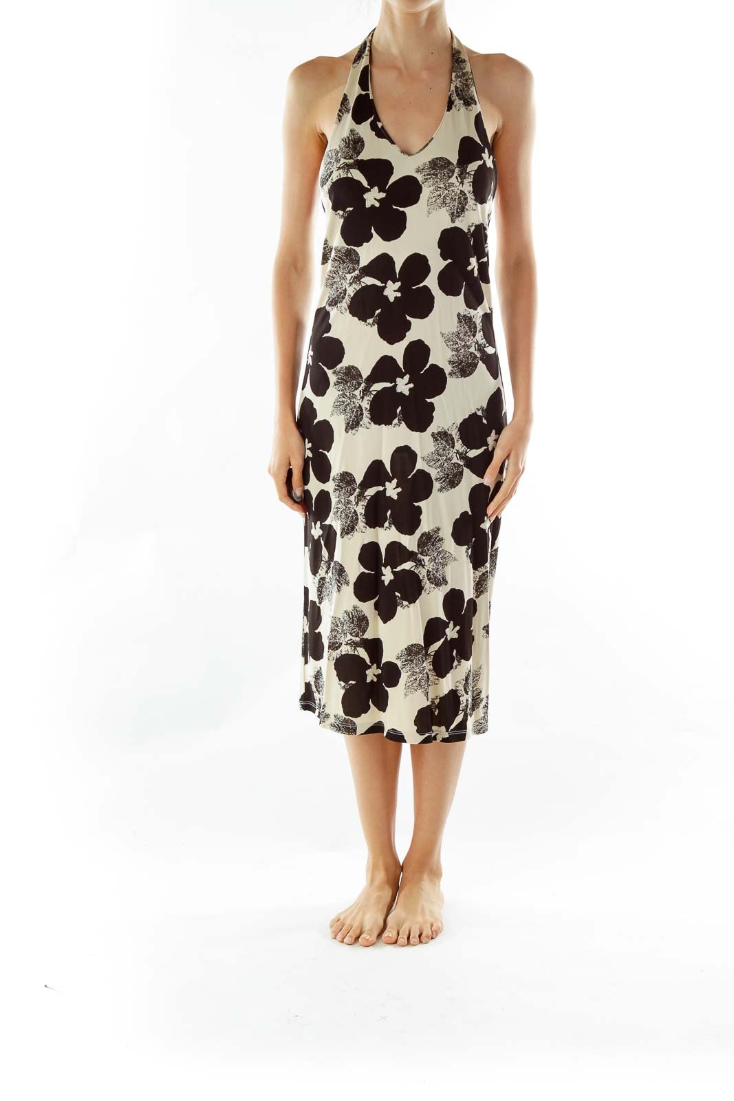 Black Beige Flower Print Halter Dress