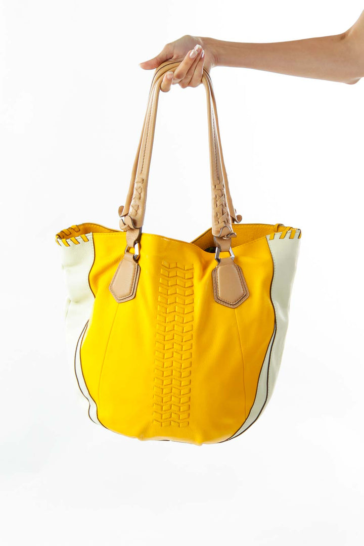 Yellow Cream Braided Leather Shoulder Bag