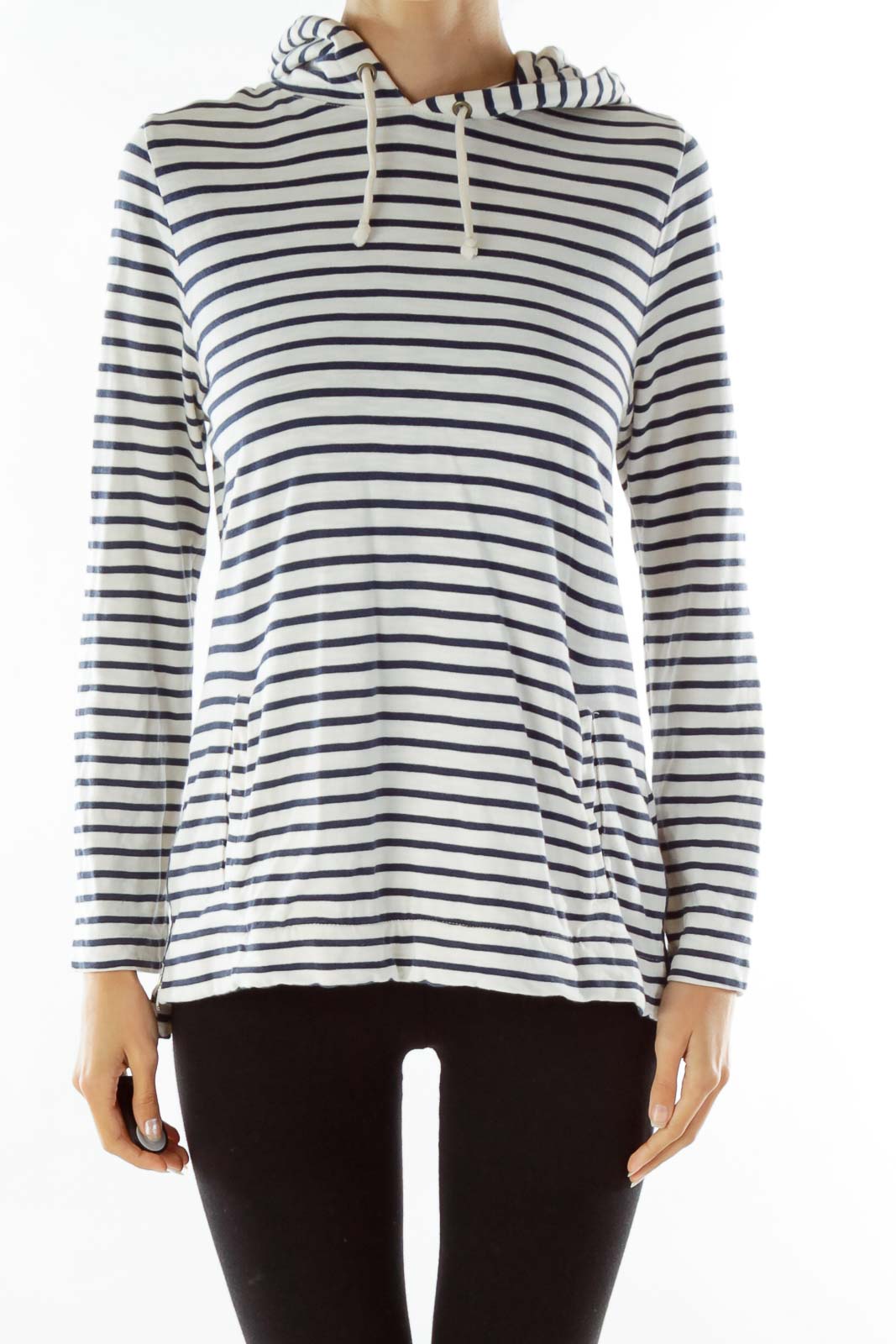 Navy White Striped Hooded Sweater