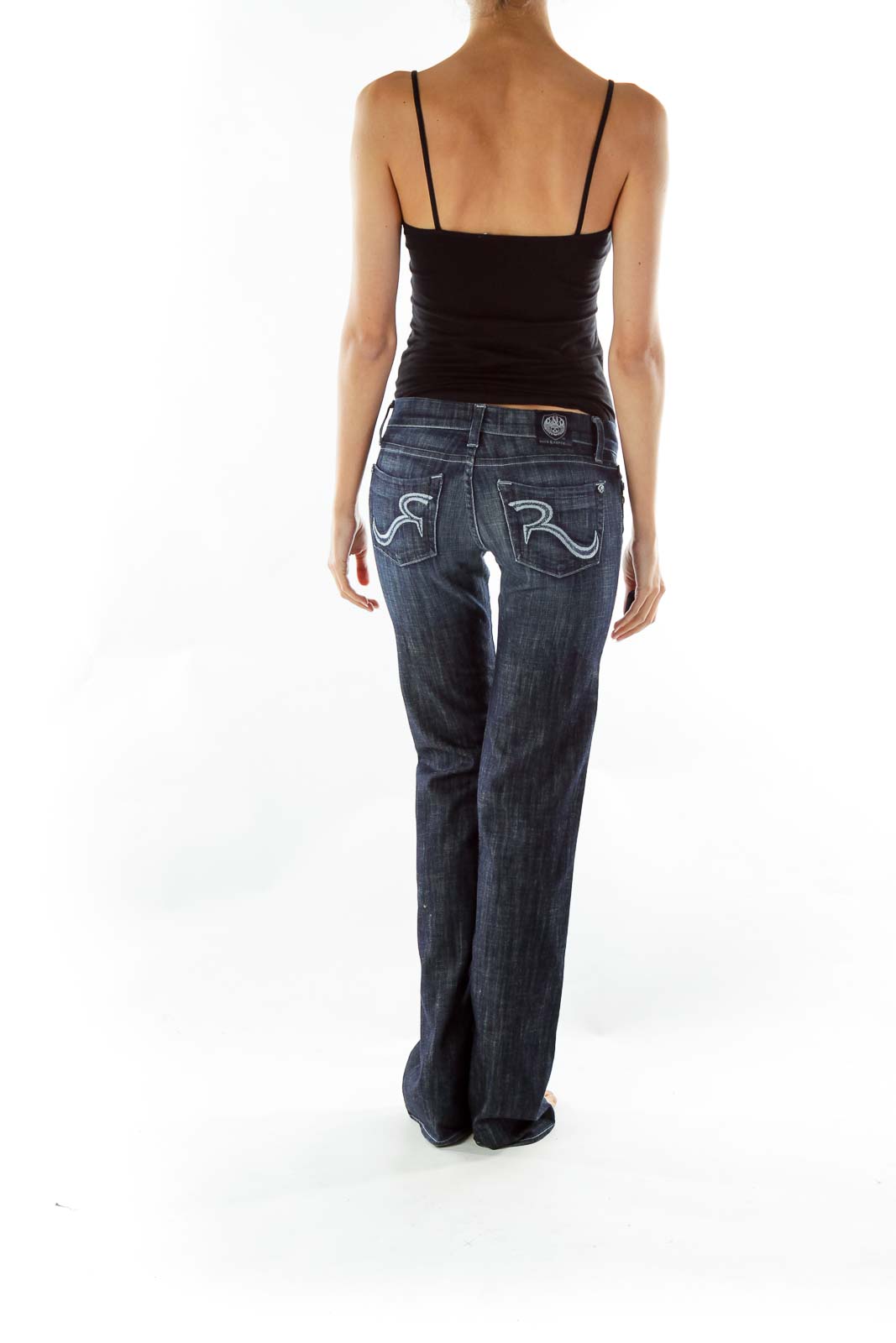 Navy Embroidered Flared Jeans