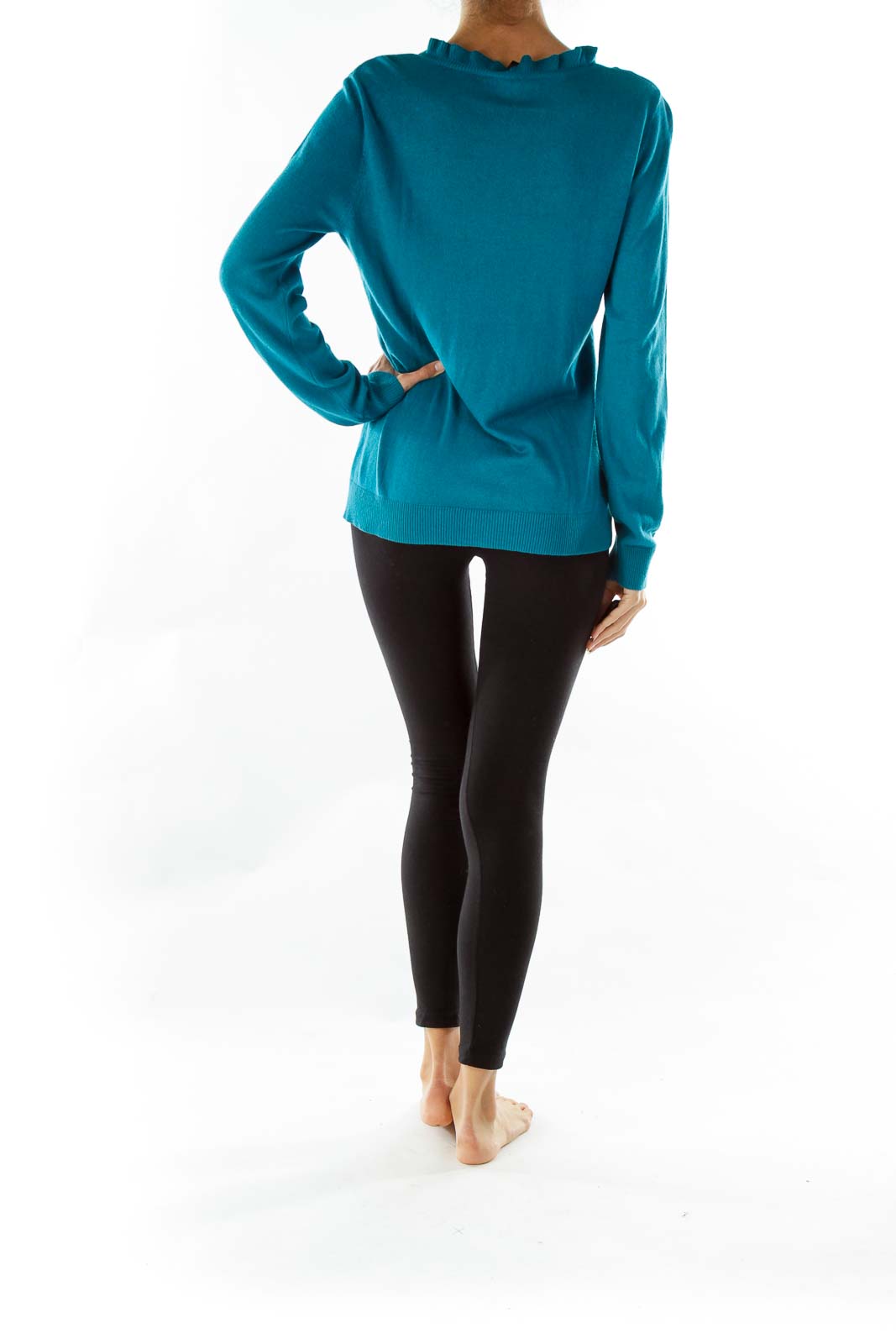 Green Ruffled Collar V-neck Sweater