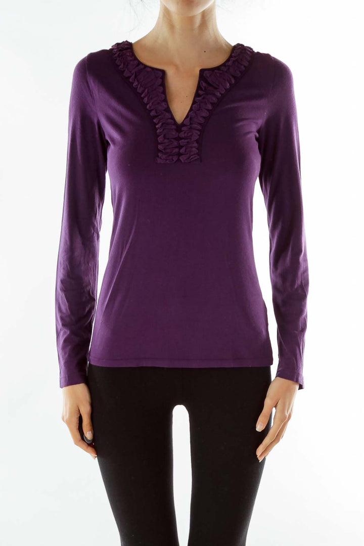 Purple Ruffled V-Neck T-Shirt