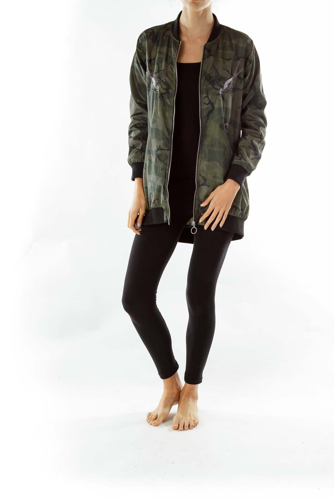 Green Print Embroidered Bomber Jacket