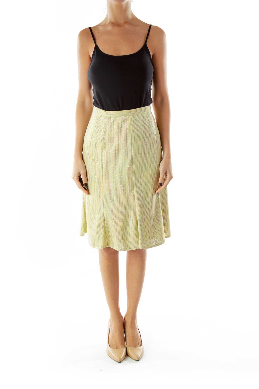 Green Yellow Striped Midi Skirt