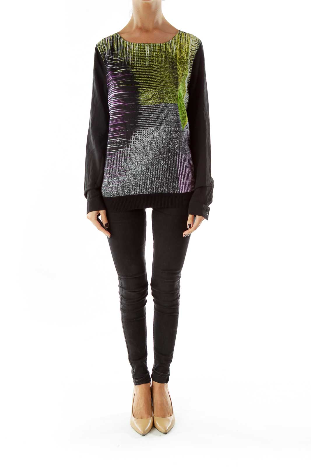 Black Green Purple Print Sheer T-Shirt