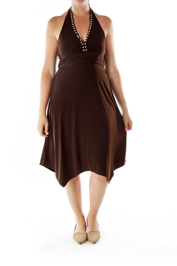 Brown Studded Halter Dress