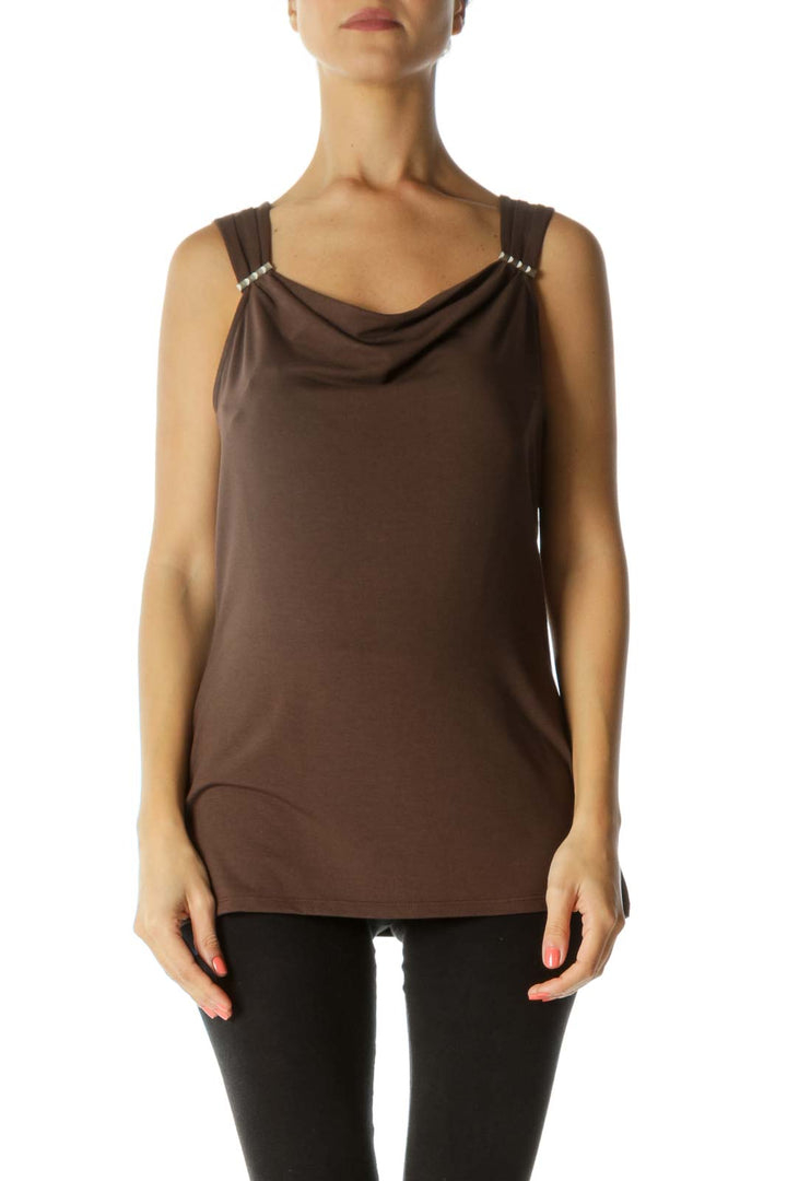 Brown Metallic Jewel Neckline Top