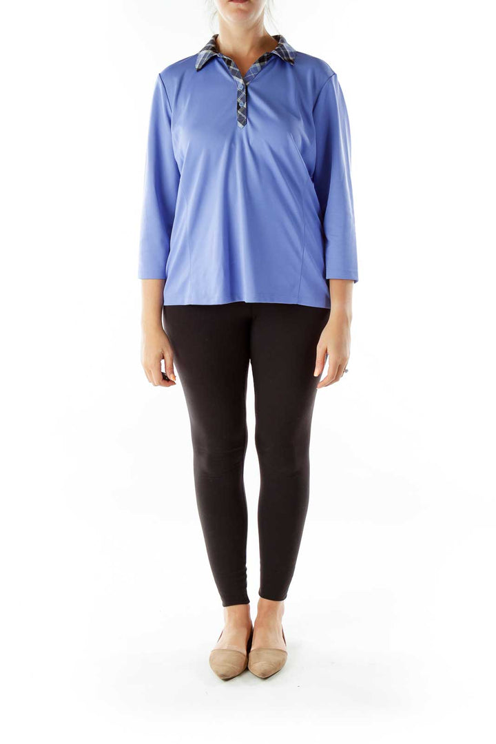 Blue Plaid Collared Sports Top