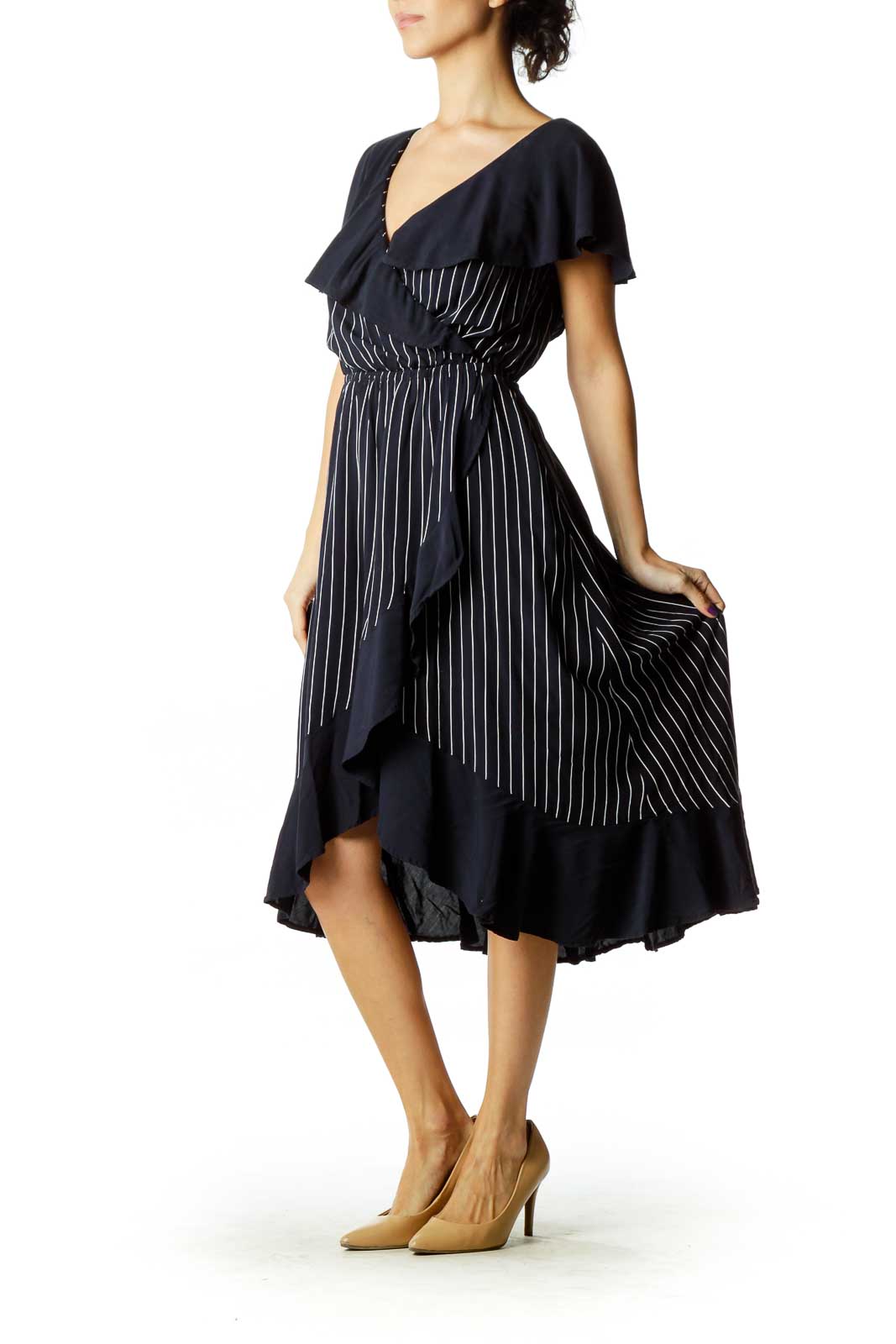 Navy Ruffled Pinstripe Day Dress