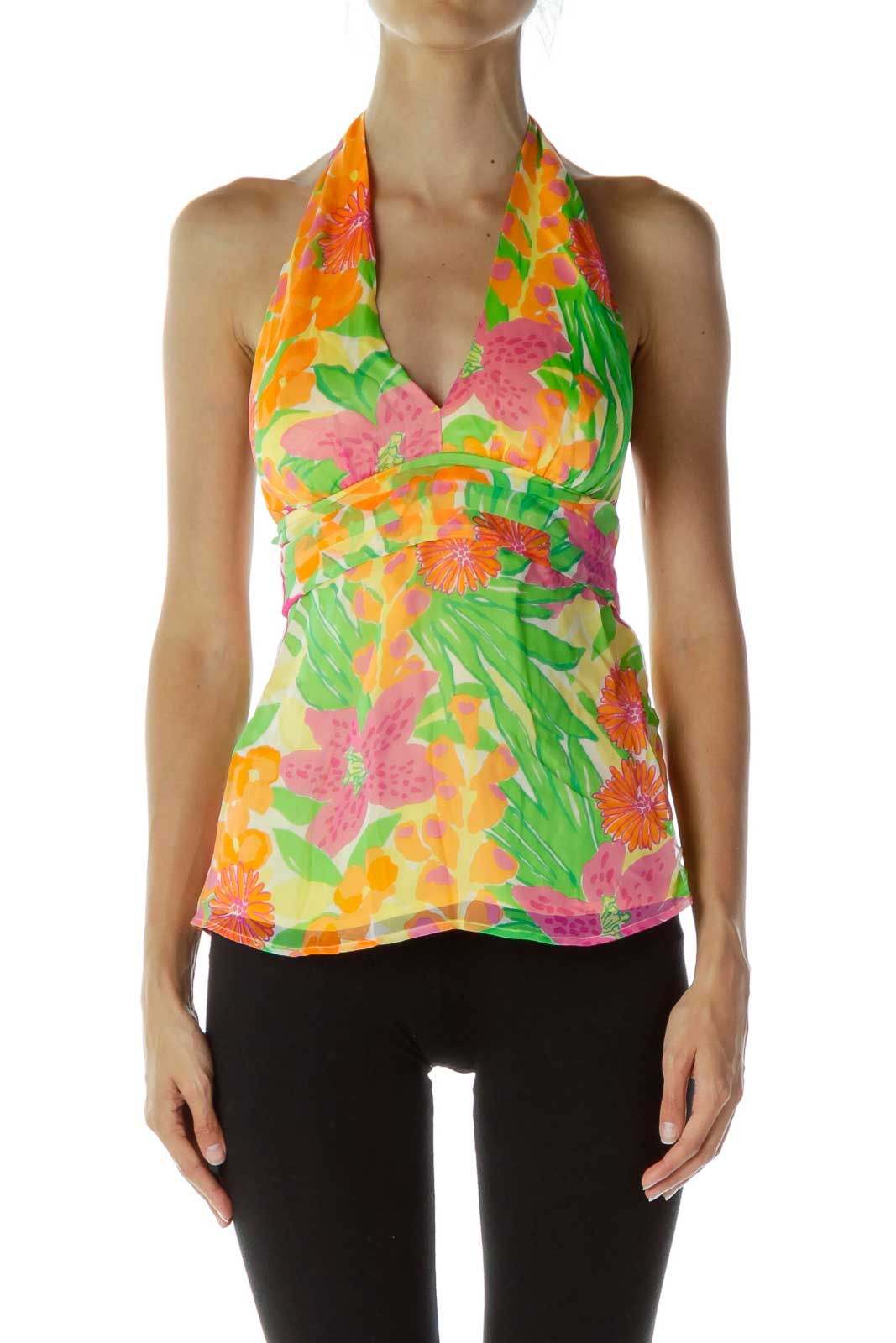 Multicolor Floral Print Halter Silk Tank Top