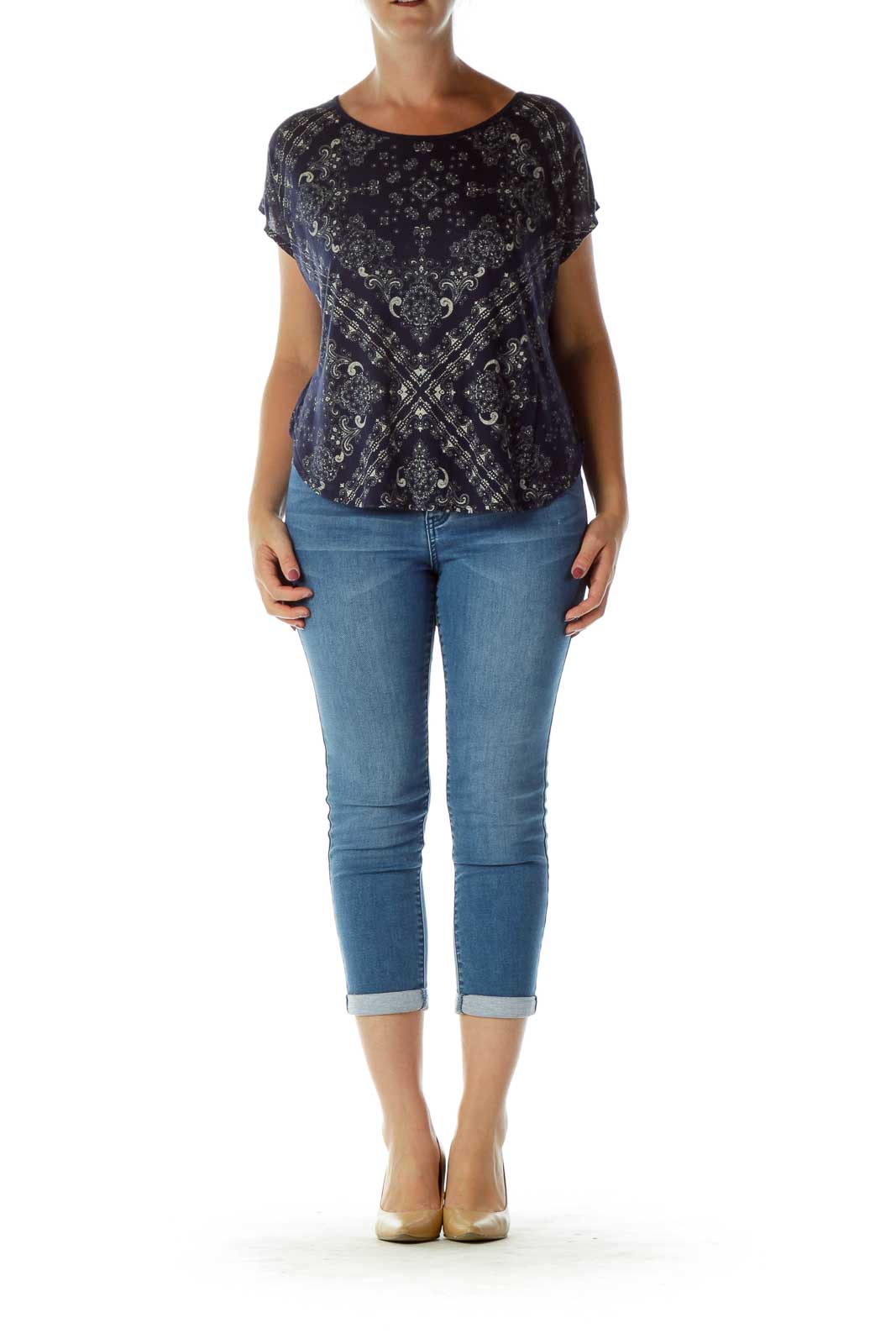 Navy Beige Paisley Loose Top