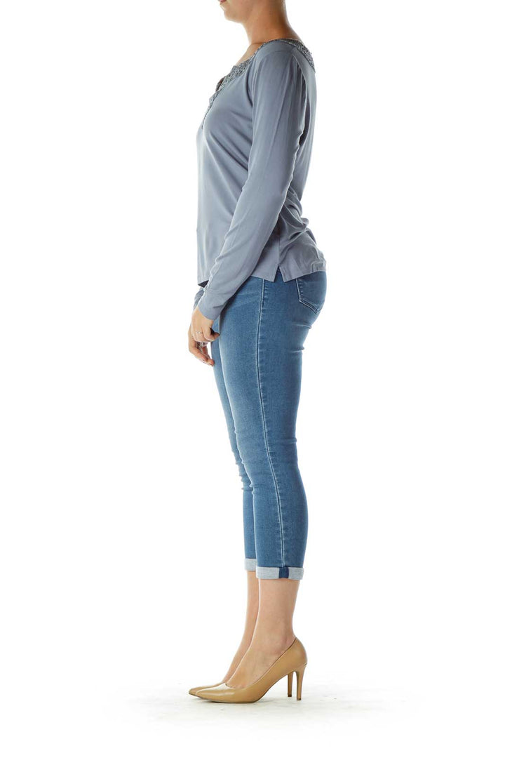 Blue V-Neck Sequined Blouse