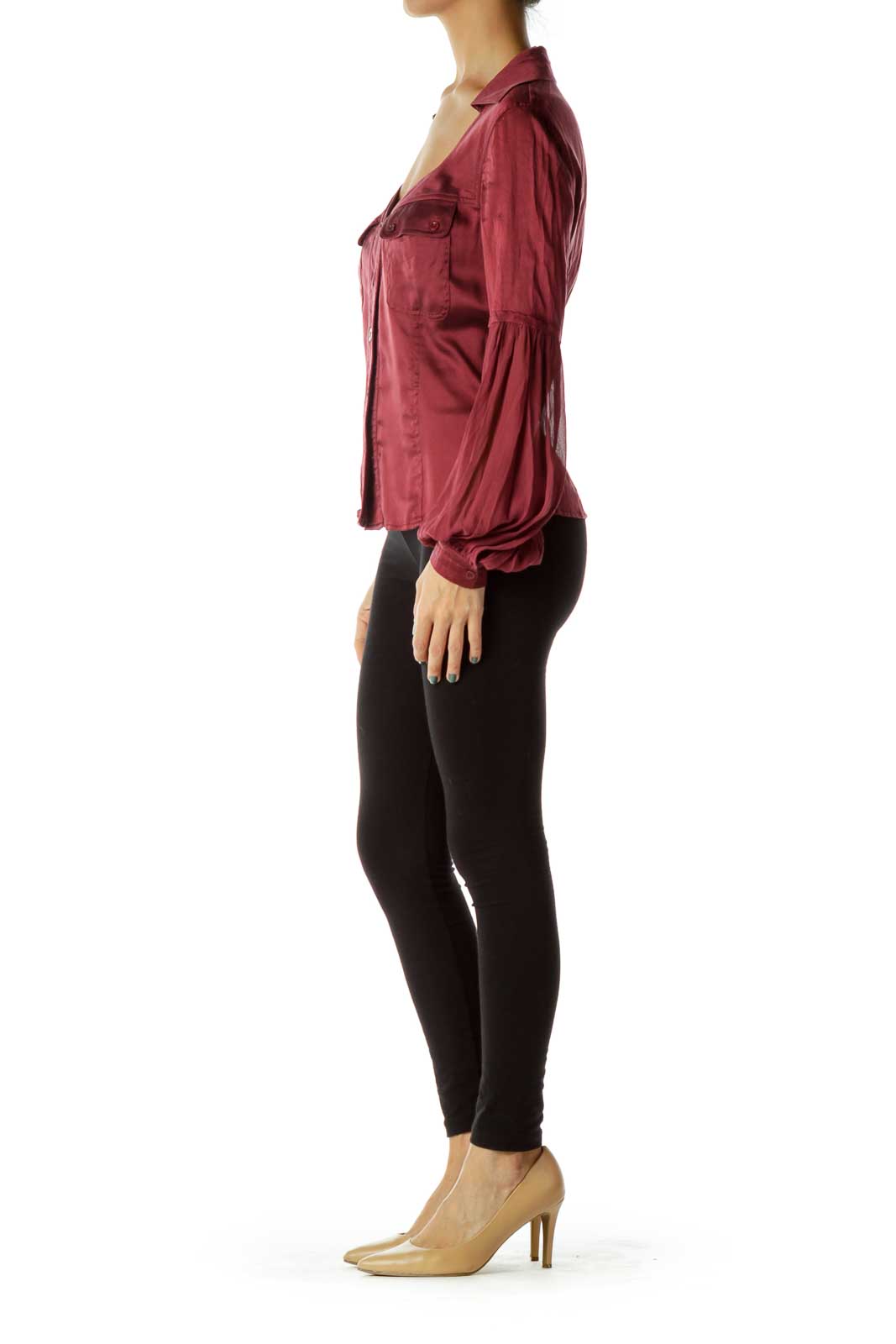 Burgundy Sheer-Sleeve Silk Shirt