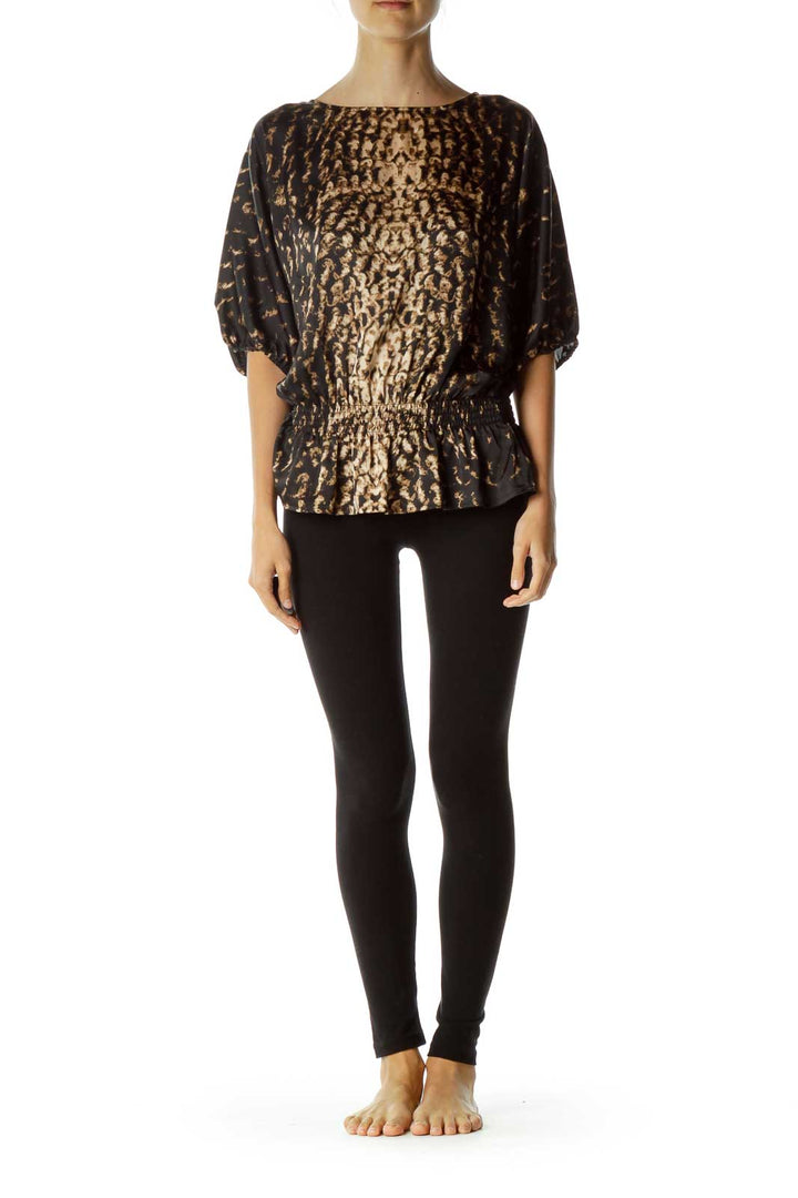Black Brown Printed Bat-Sleeve Printed Blouse