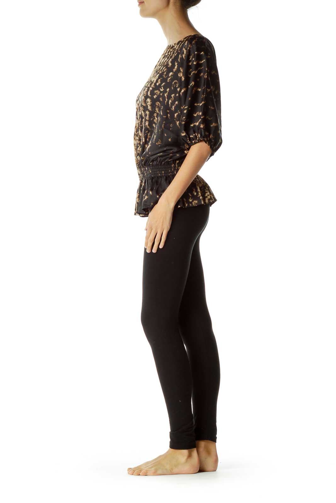 Black Brown Printed Bat-Sleeve Printed Blouse