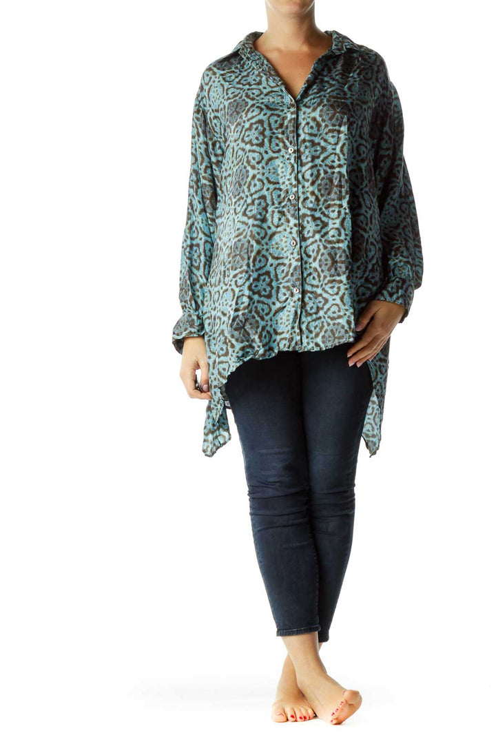 Blue Brown Loose Printed Silk Shirt