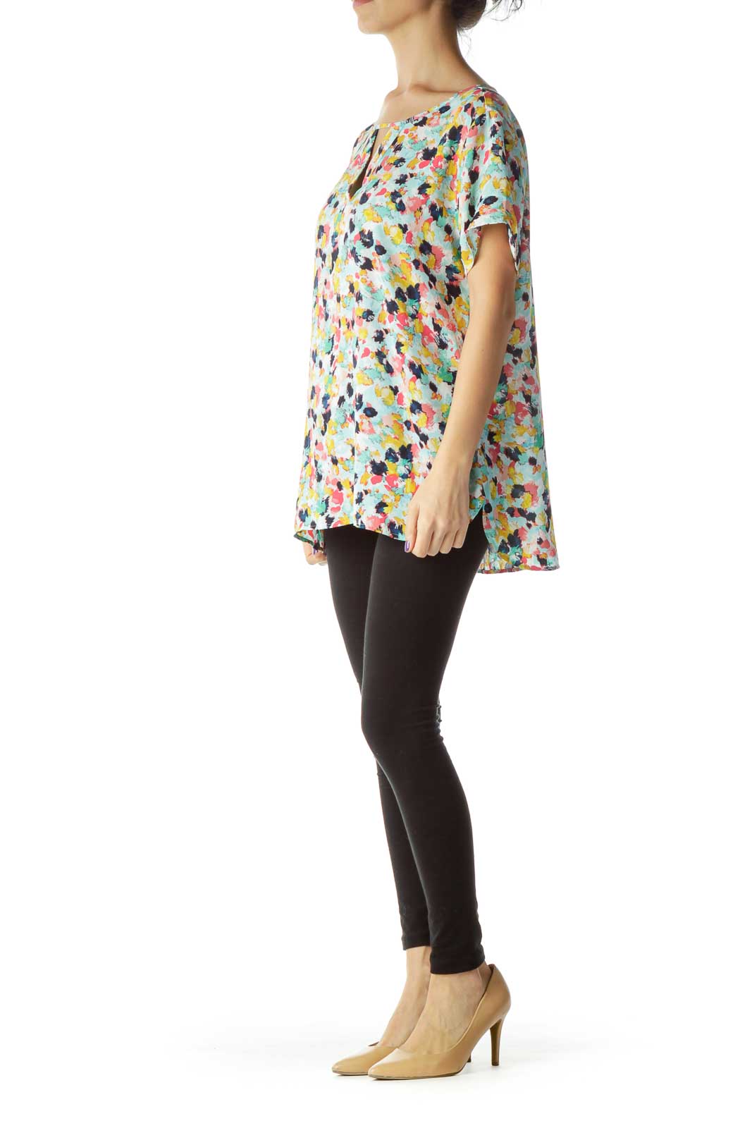 Green Blue Pink Yellow White Short-Sleeve Top