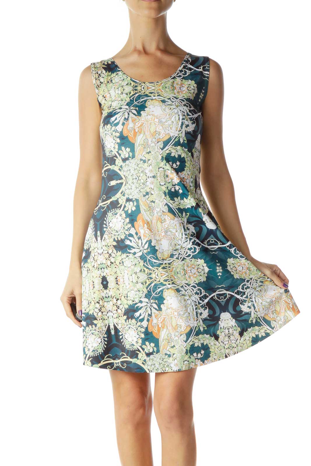Green Yellow Gardenia Print Flared Dress