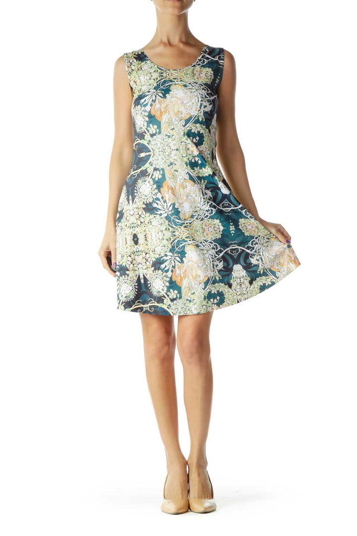 Green Yellow Gardenia Print Flared Dress