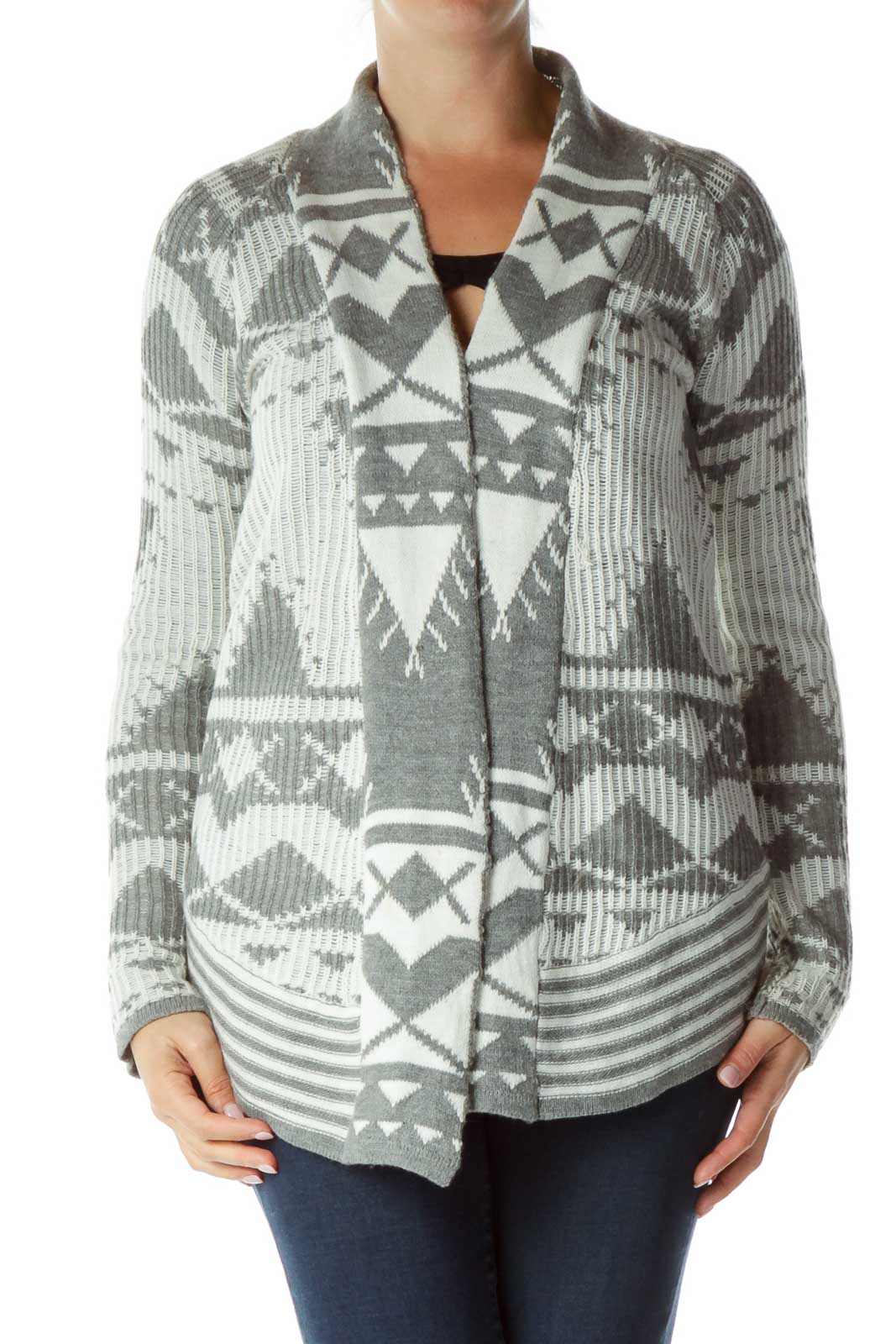 Gray White Printed Knit Sweater