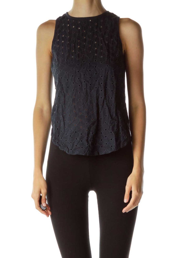 Navy Eyelet Sleeveless Blouse