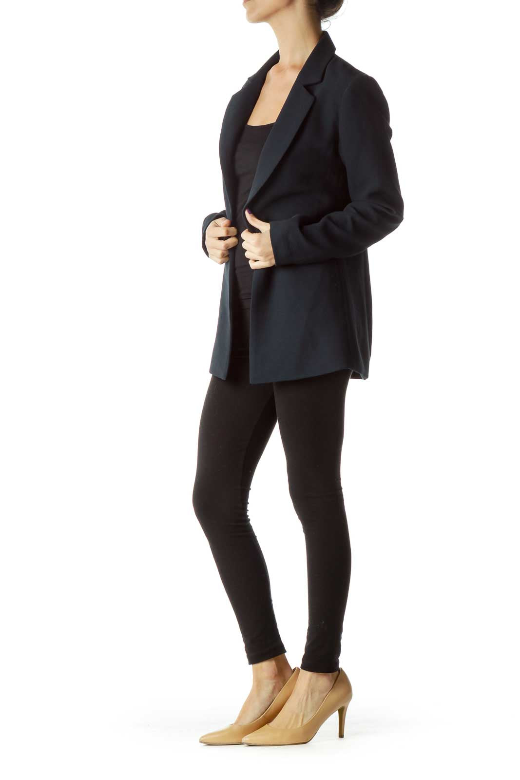 Navy Textured Long Blazer